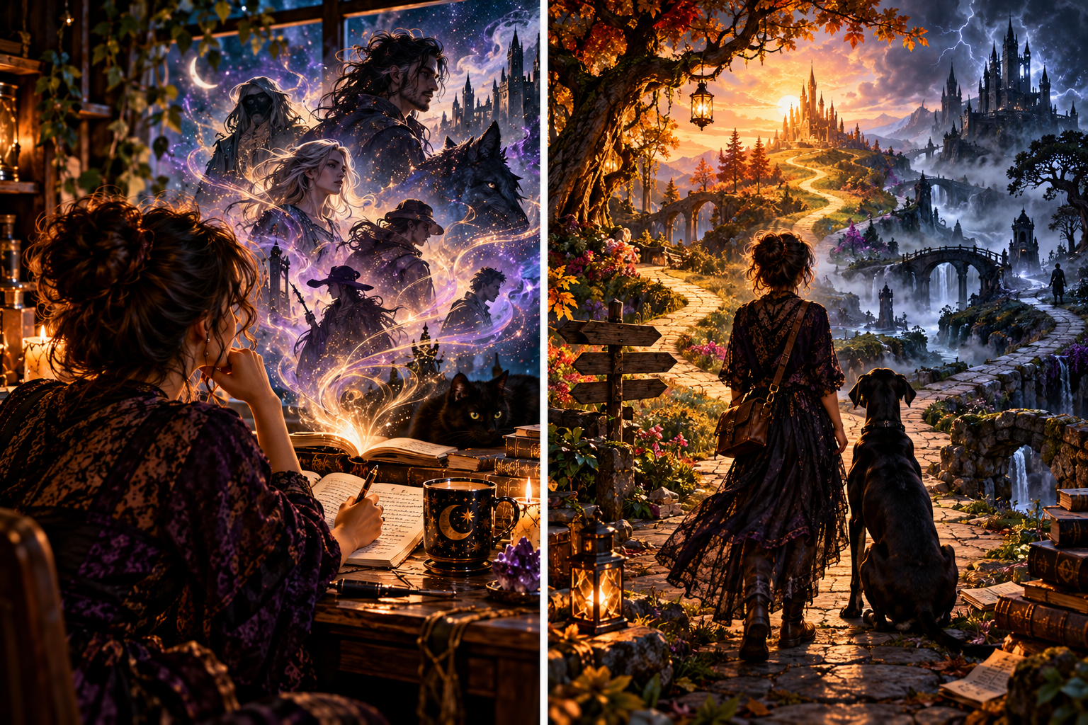 A writer at a candlelit desk watches imaginary characters rise from her manuscript
