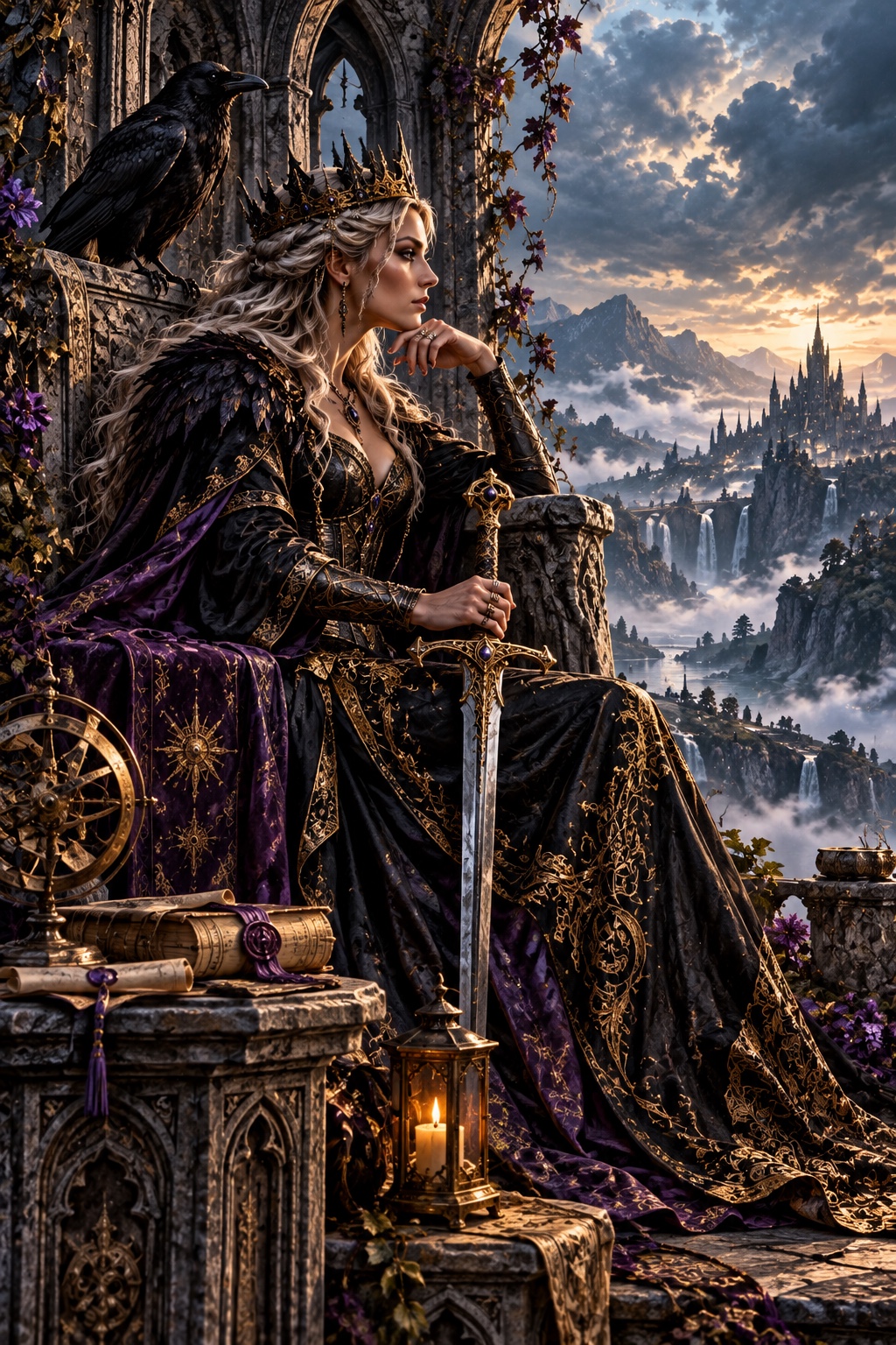 A crowned queen with a sword and raven gazes across a mist-covered kingdom