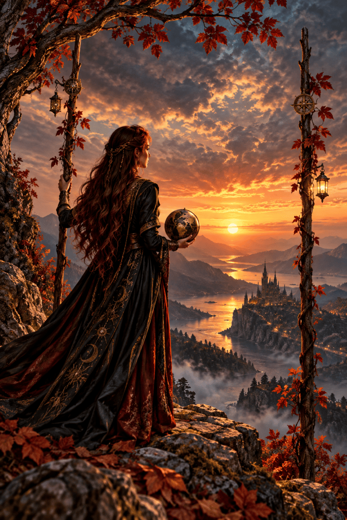 Two of Wands: a woman holding a globe stands between two wands overlooking a castle and sunset.