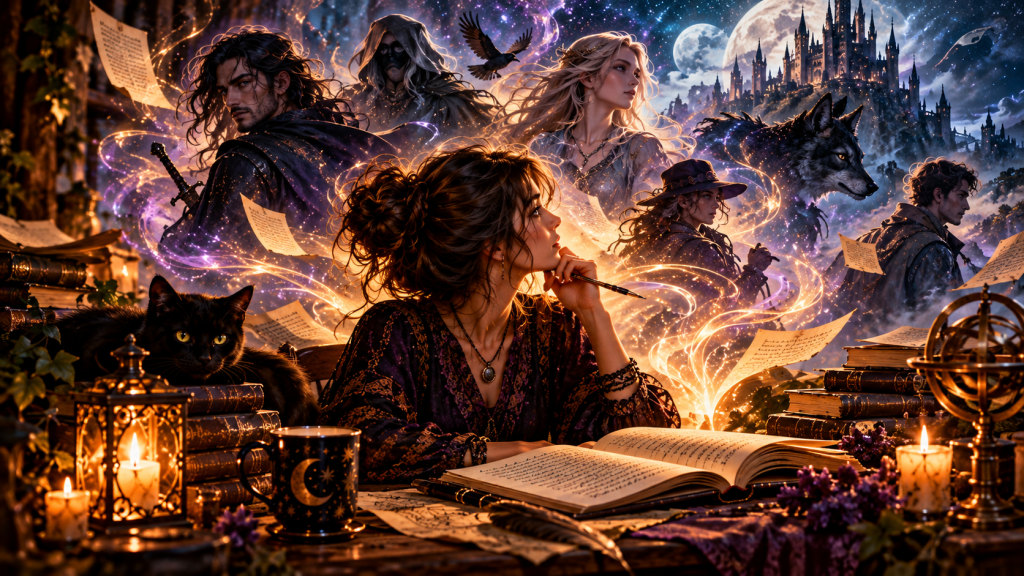 Writer at a candlelit desk surrounded by fictional characters emerging magically from an open book
